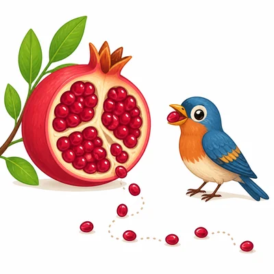 A fruit with seeds and a bird helping spread seeds.