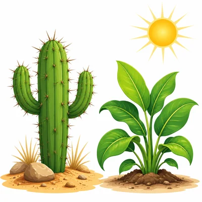 A cactus with spines beside a leafy plant in sunlight.