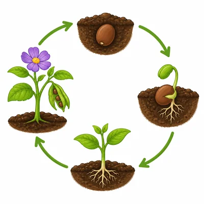 A plant life cycle from seed to sprout to leafy plant to flowering adult plant.