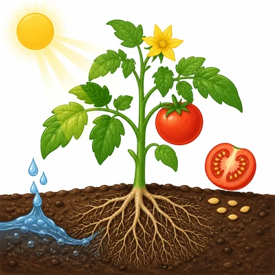 A healthy plant showing roots, stem, leaves, flower, and fruit.