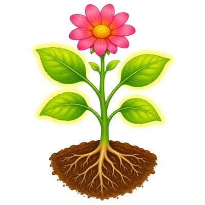 A simple plant with roots, stem, leaves, and flower, with leaves emphasized.
