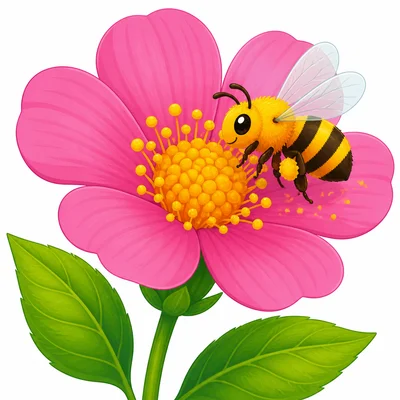 A bee visiting a flower with pollen at its center.