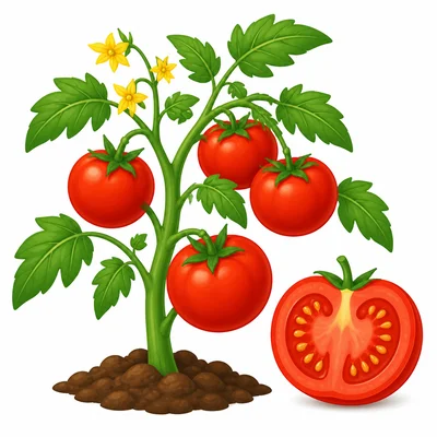 A tomato plant with a cut tomato showing seeds inside.