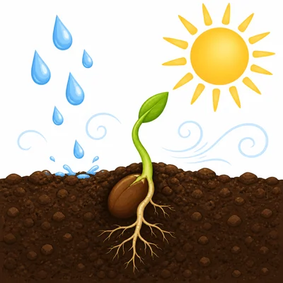 A sprouting seed in soil with water, sun, and air.