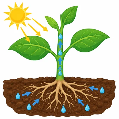 Roots take in water, the stem carries water, and leaves receive sunlight.