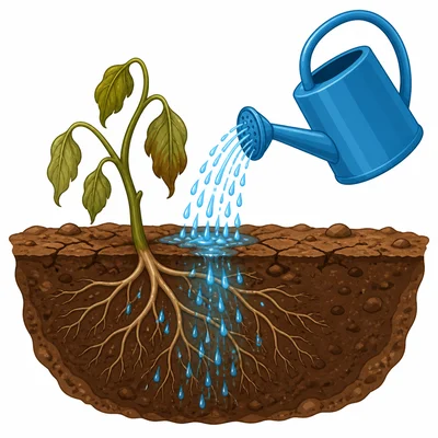 Water soaking into soil toward the roots of a wilted plant.
