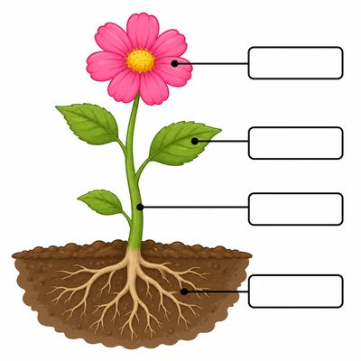 An unlabeled plant diagram with roots, stem, leaves, and flower.