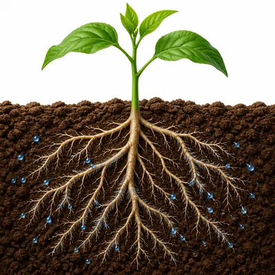 A plant with roots spreading through soil near water droplets.