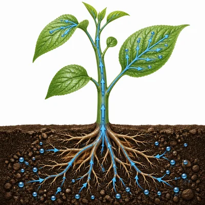 Water travels from soil into roots, up the stem, and to the leaves.