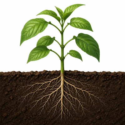 A whole plant showing roots, stem, and leaves.