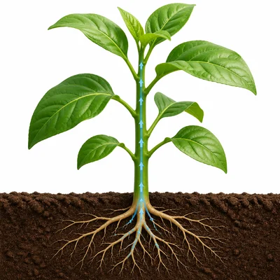 A plant stem holding leaves upright with water moving upward.