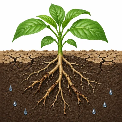 A plant with healthy leaves but broken damaged roots underground.