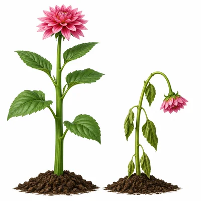 A strong stem supports a plant while a weak stem droops.