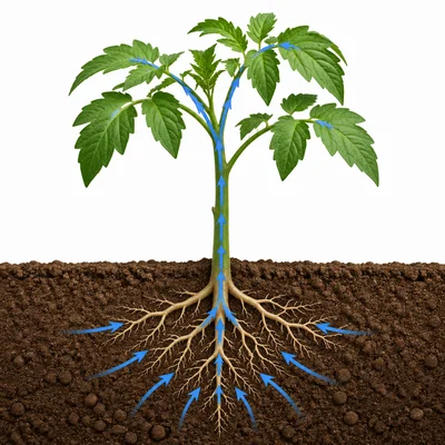 Water moves from roots up the stem to the leaves.