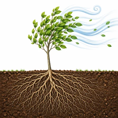 Roots anchor a plant in soil while wind pushes above ground.