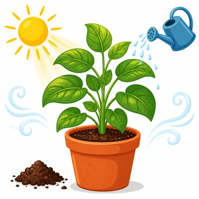 A healthy potted plant with sunlight, water, soil, and air around it.
