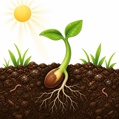 A seed sprouts in moist soil with sunlight.