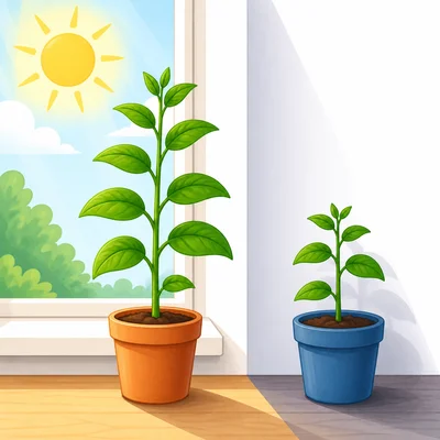 A plant by a sunny window grows taller than a plant in shade.