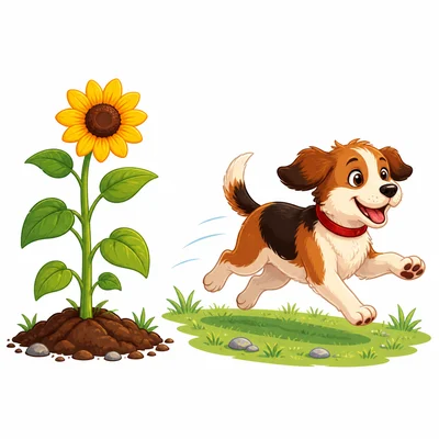 A rooted plant stays in place while a dog can move around.