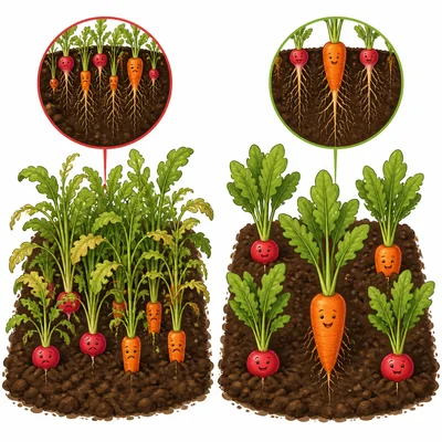 Crowded plants and well-spaced plants show why plants need space.