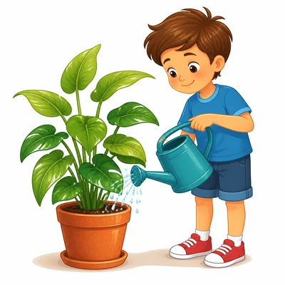 A child waters a healthy potted plant in sunlight.