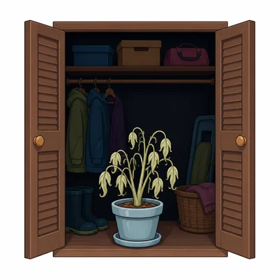 A pale drooping plant in a dark closet away from sunlight.