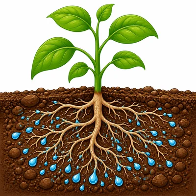 Plant roots spread through soil and absorb water.