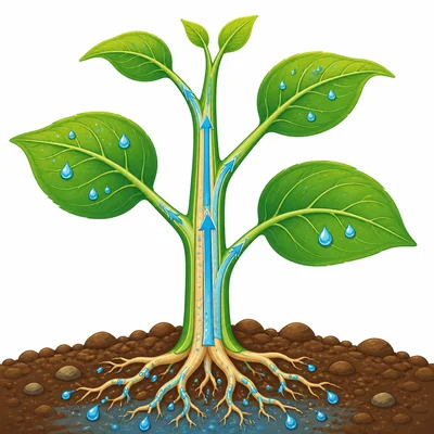 A plant stem supports leaves and carries water upward.