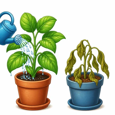 One watered plant is healthy while another unwatered plant is wilted.