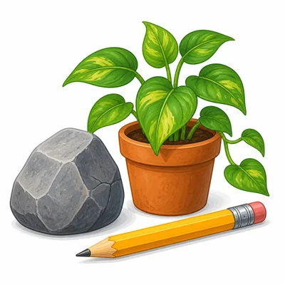 A rock, a living plant, and a pencil are shown together.