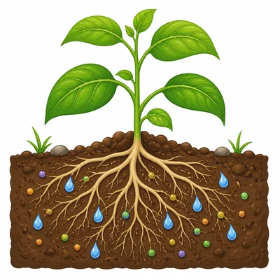 A plant grows in soil where roots take in water and nutrients.