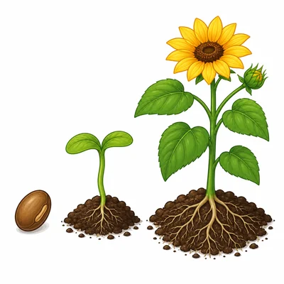 A seed, seedling, and adult flowering plant show plant life stages.