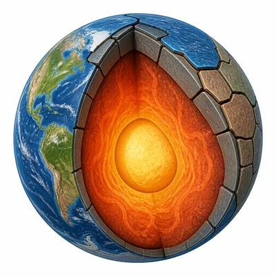Cutaway of Earth showing rigid tectonic plates forming the outer shell above the mantle.