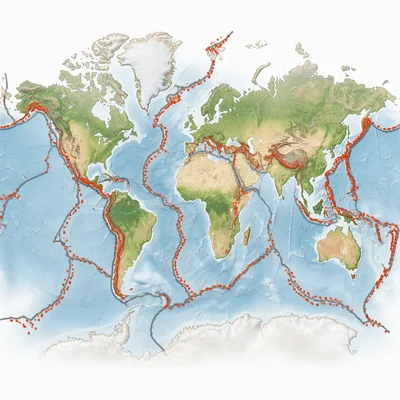 Earthquake dots cluster along tectonic plate boundaries on a world map.