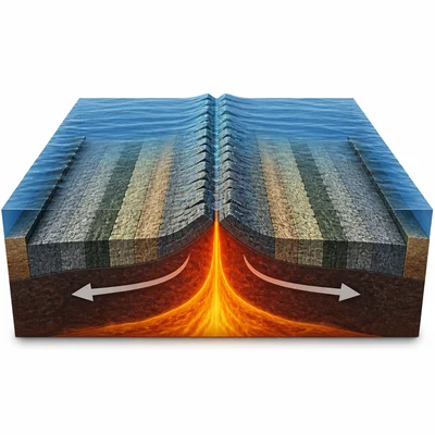 New seafloor spreads outward from a mid-ocean ridge with matching bands on both sides.