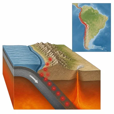 Earthquakes cluster along western South America where an oceanic plate subducts beneath the continent.