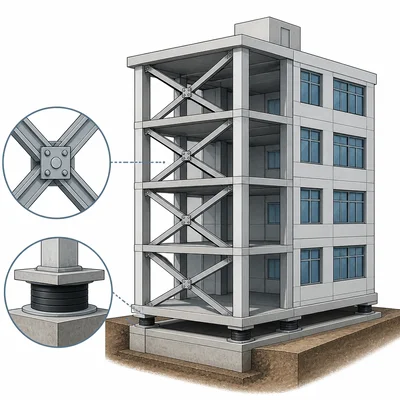 Earthquake-resistant building with cross-bracing and base supports.