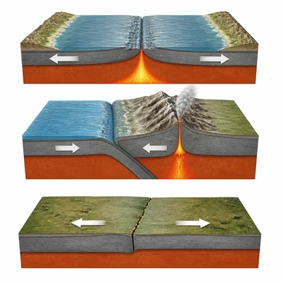 Three plate boundary diagrams showing plates moving apart, colliding, and sliding past each other.