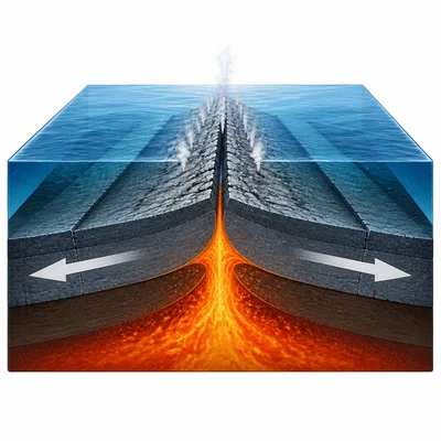 Two oceanic plates pull apart while magma rises to form new seafloor.