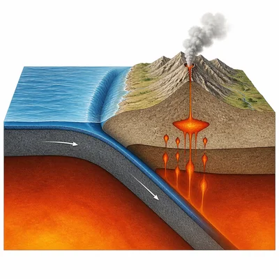 An oceanic plate subducts beneath a continental plate at a convergent boundary.