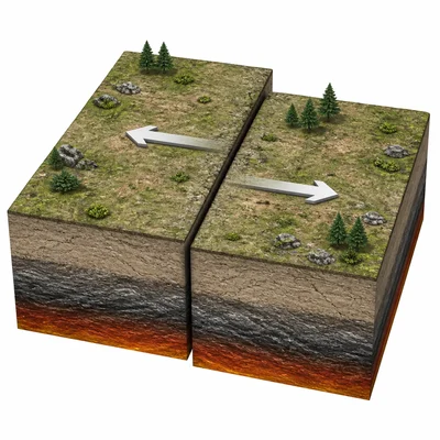 Two crustal blocks slide past each other along a transform fault.