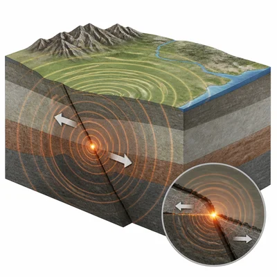 A fault slips at a plate boundary, sending earthquake waves outward.