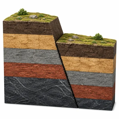 Offset rock layers separated by a diagonal fault.