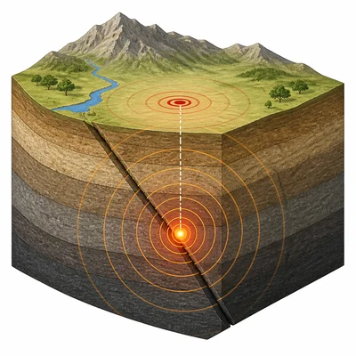Earthquake focus underground and epicenter directly above on the surface.