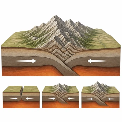 Colliding continental plates crumple upward to form mountains.