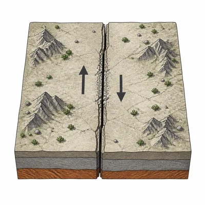 Top-down transform boundary with plates sliding past each other along a fault.