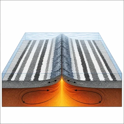 Symmetrical magnetic stripe bands on the seafloor on both sides of a mid-ocean ridge.