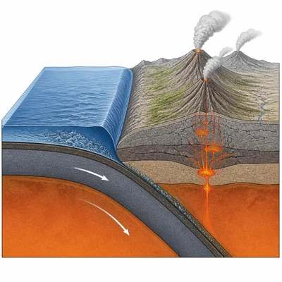 Deep ocean trench beside a continental volcanic mountain chain at a subduction zone.