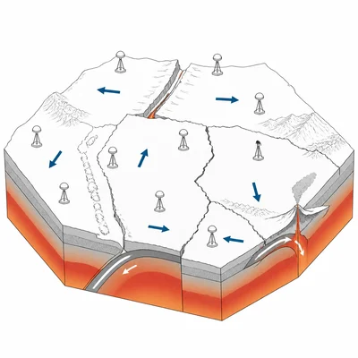 GPS stations on tectonic plates with arrows showing plate motion.