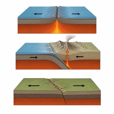 Three unlabeled diagrams showing divergent, convergent, and transform plate boundary motions.